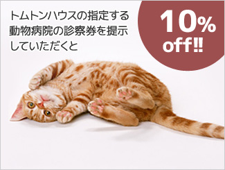 トムトンハウスの指定する動物病院の診察券を提示していただくと10％OFF！
